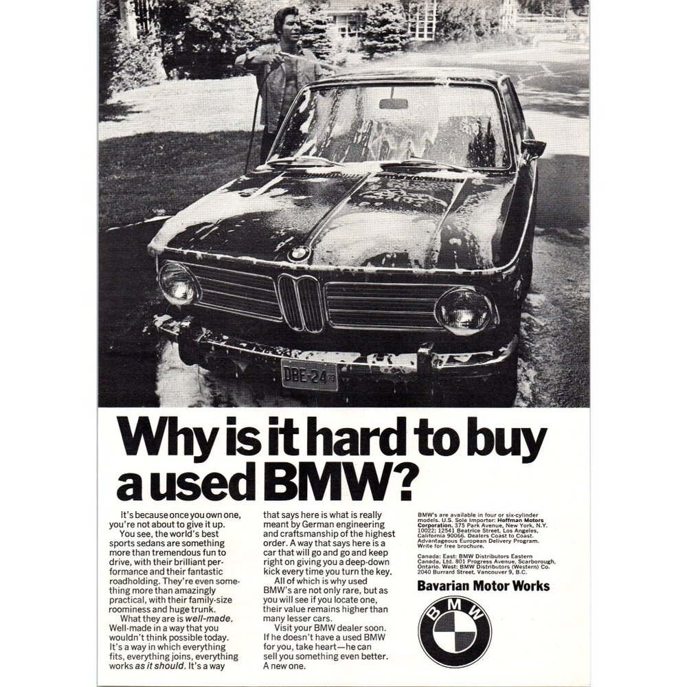1973 BMW 2002 Sedan Vintage Print Ad Car Wash Driveway Man Cave Wall Art 70s